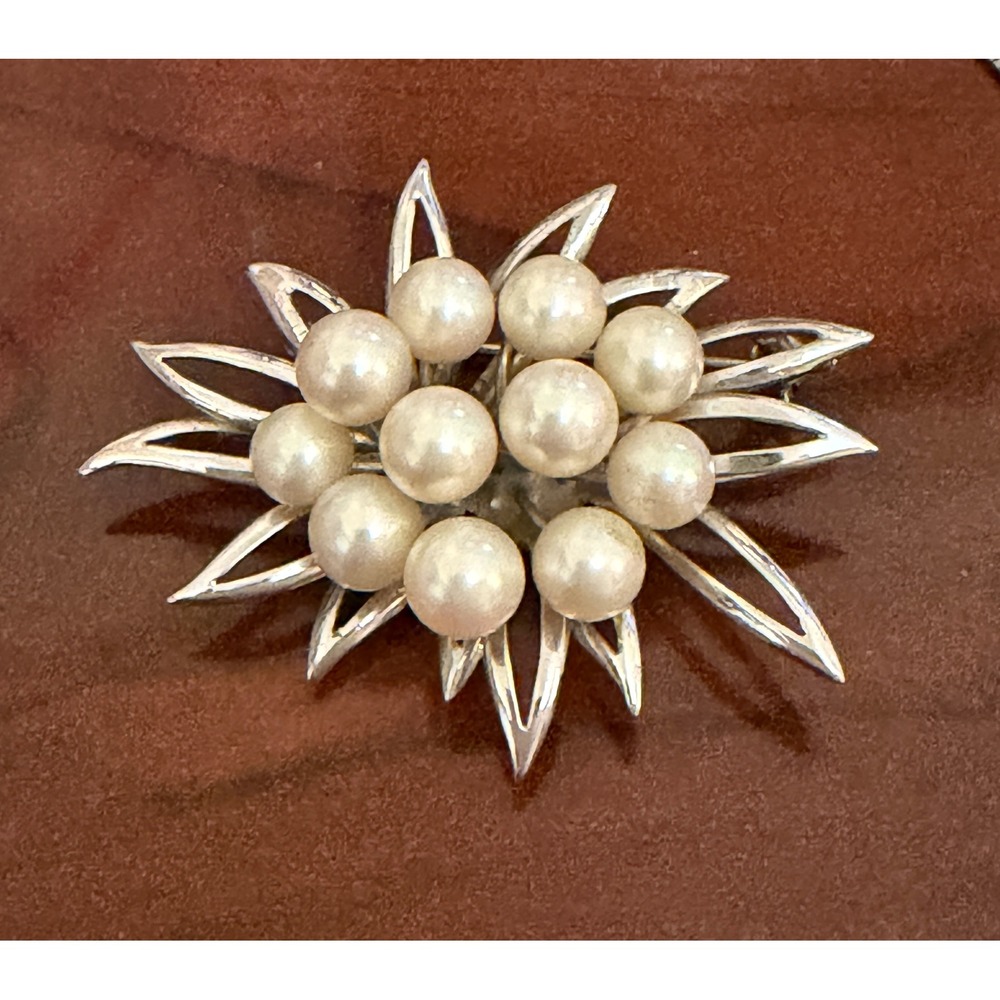Sterling Silver Pearl Sunburst Brooch Pin 1.75"
